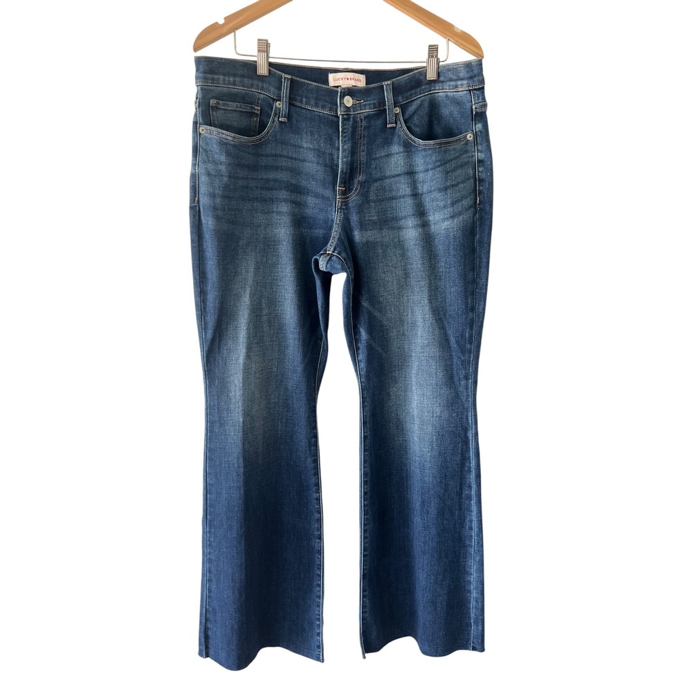 Lucky Brand Sweet Mid Rise Flare Jeans Dark Raw Hem Casual Boho Womens 14/32